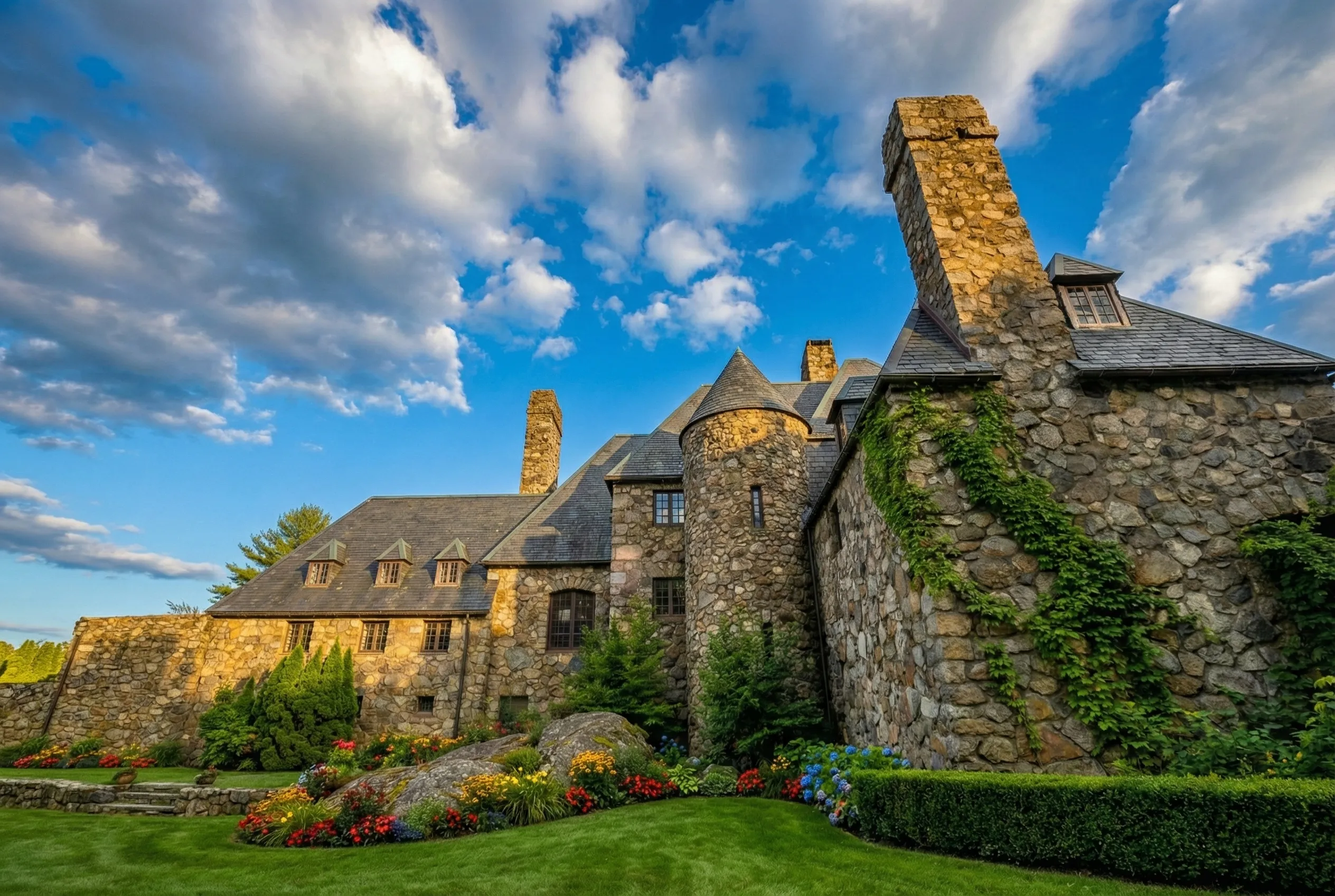 Castle exterior in summer — blue sky, ivy-covered stone walls, colorful gardens